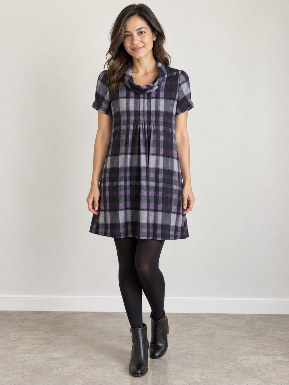 JH Collectibles Petite Small Purple Plaid Cowl Neck Shift Dress